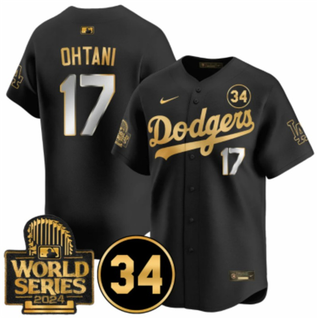 Men's Los Angeles Dodgers #17 Shohei Ohtani Black/Gold 2024 World Series & #34 Fernando Patch Vapor Limited Stitched Baseball Jersey Men's Los Angeles Dodgers #17 Shohei Ohtani Black/Gold 2024 World Series & #34 Fernando Patch Vapor Limited Stitched Baseball Jersey
